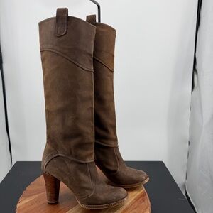 Jigsaw brown leather Tall Pull On heeled Boots sz 37 US 6 over the knee